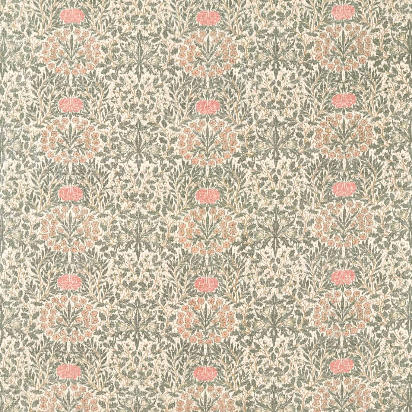 Muted sage floral textile with dusty rose blossoms and a fine printed texture