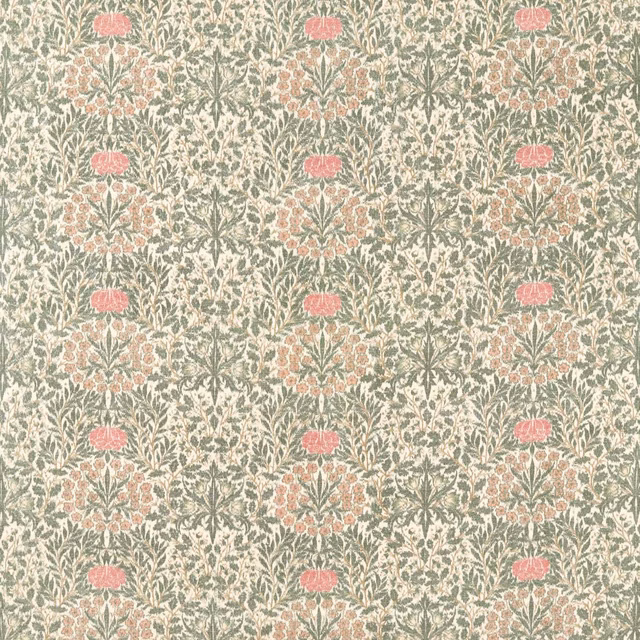 Muted sage floral textile with dusty rose blossoms and a fine printed texture