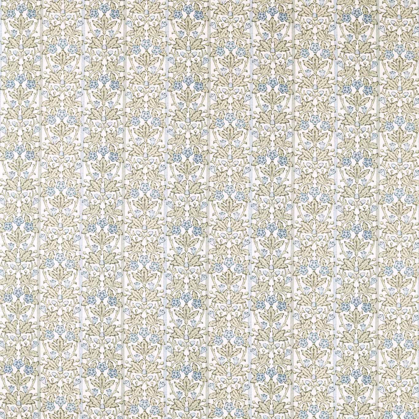 Dense cream-ground floral sprigs in muted thyme green and woad blue