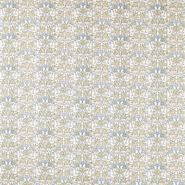 Dense cream-ground floral sprigs in muted thyme green and woad blue