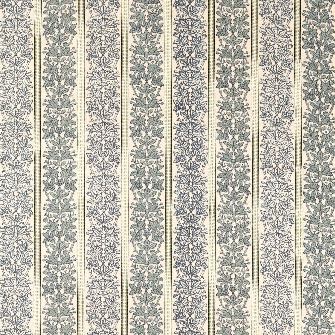 Cream fabric with alternating green and indigo botanical stripe bands