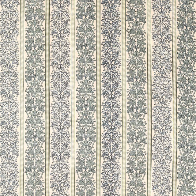 Cream fabric with alternating green and indigo botanical stripe bands