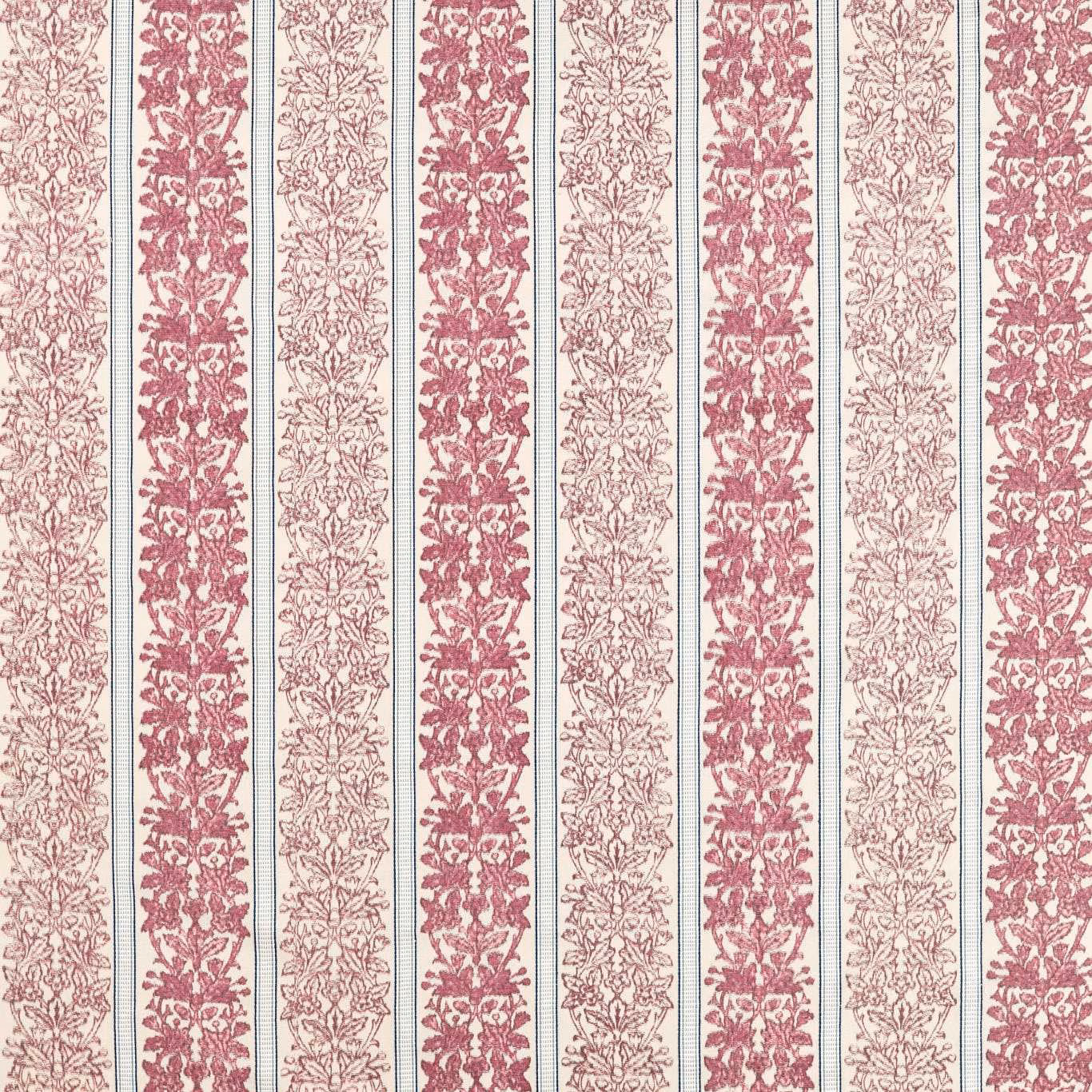 Madder red and pale floral stripes woven across a cream ground