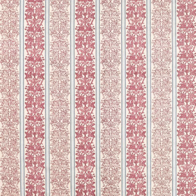 Madder red and pale floral stripes woven across a cream ground