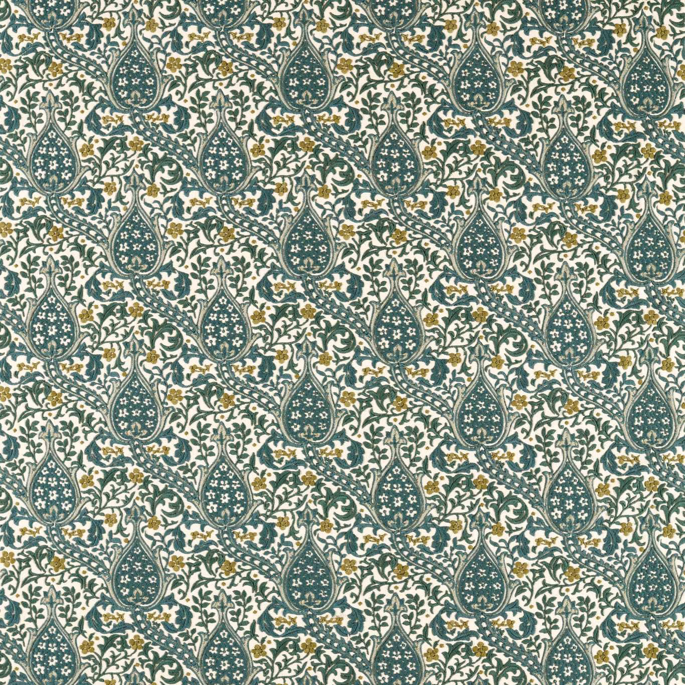 Evergreen tulip medallions and curling foliage on an ivory textile ground