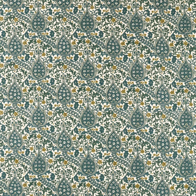 Evergreen tulip medallions and curling foliage on an ivory textile ground