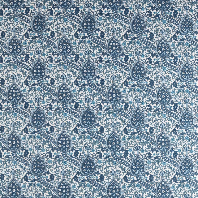 Cool indigo teardrop tulips and scrolling foliage on a pale woven ground