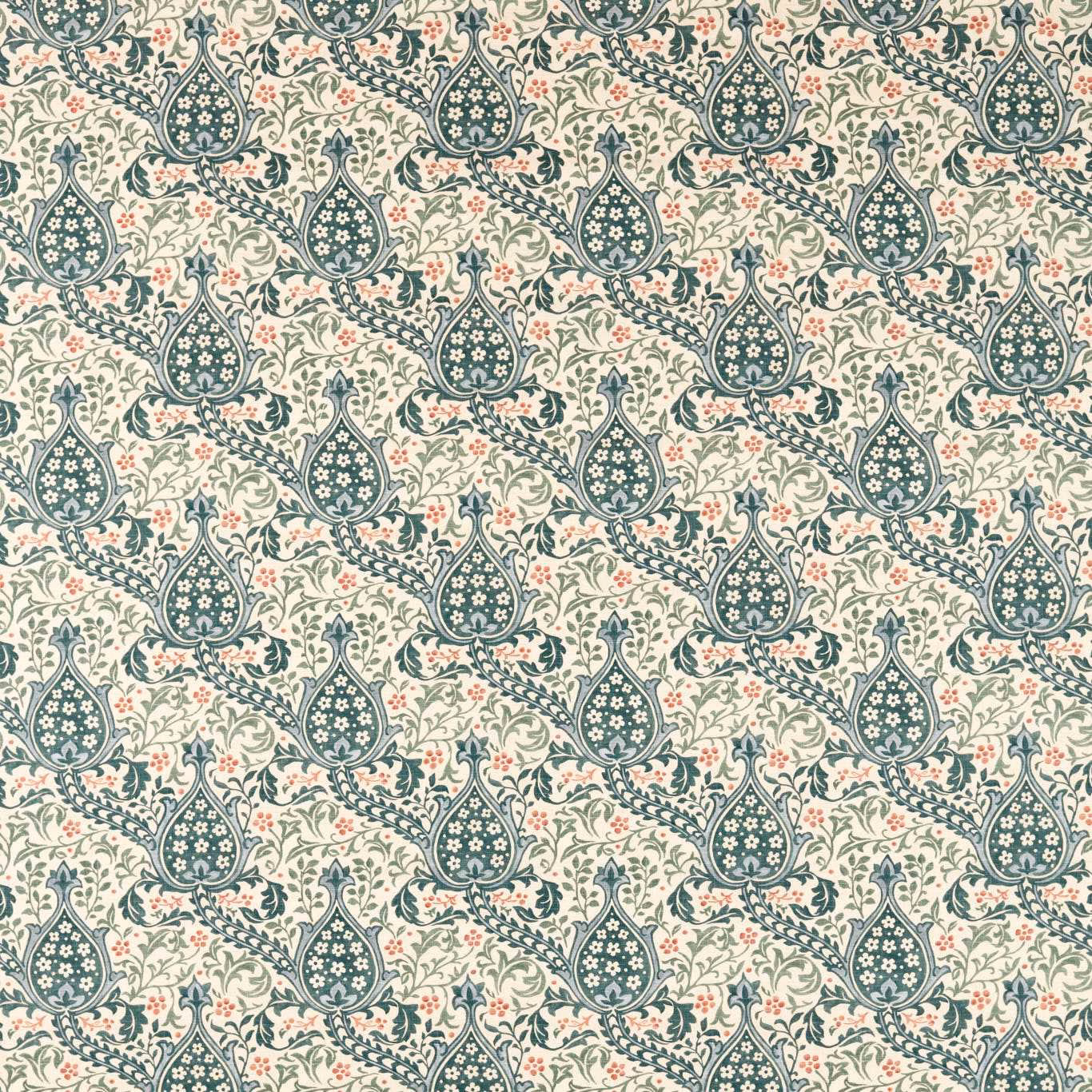 Cream-ground textile with dark teal tulip motifs, sage foliage and coral accents