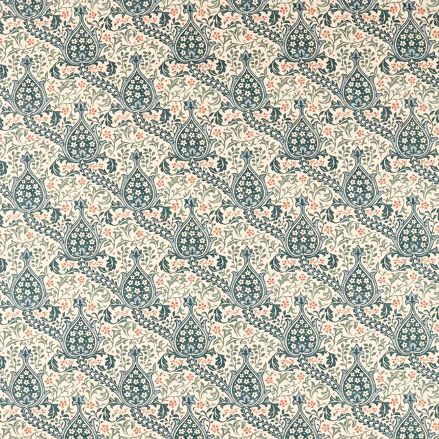 Cream-ground textile with dark teal tulip motifs, sage foliage and coral accents