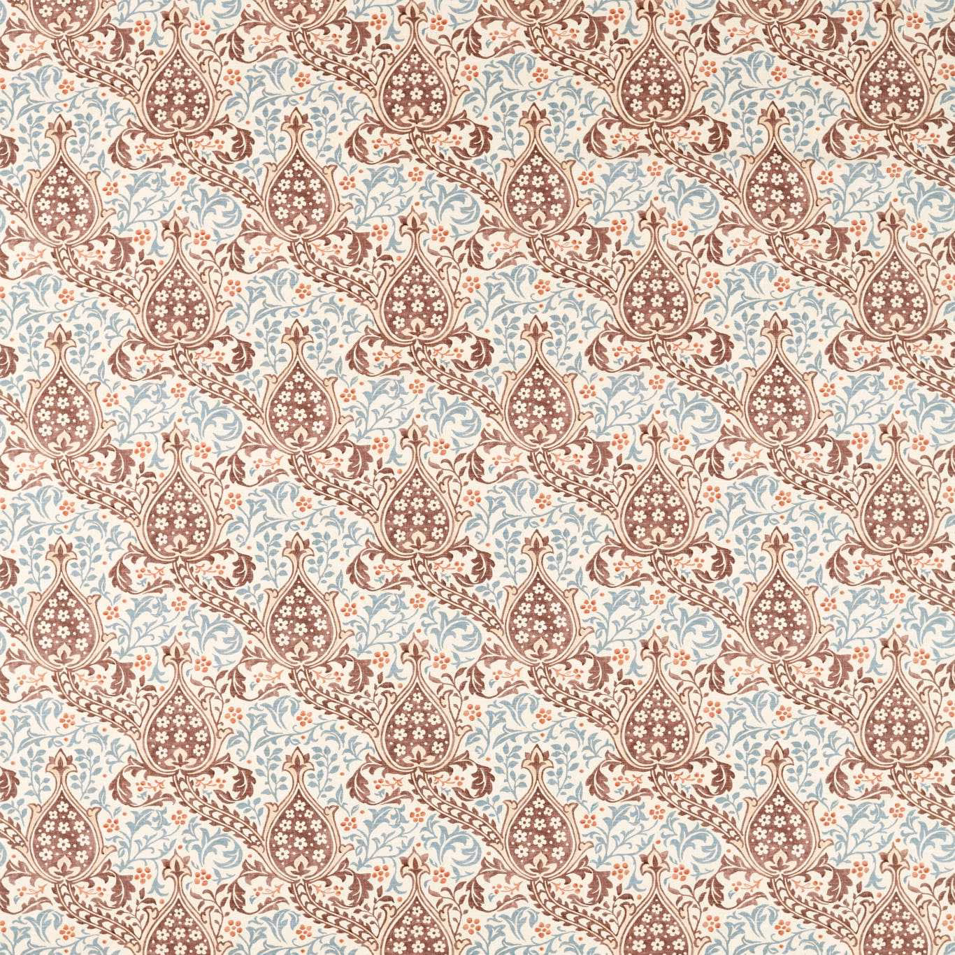 Cream textile with umber tulip motifs and pale mineral-blue scrolling foliage