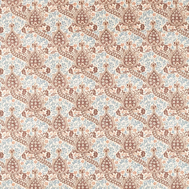 Cream textile with umber tulip motifs and pale mineral-blue scrolling foliage