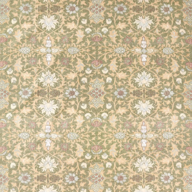 Muted olive botanical fabric with cream flowers and dusty pink floral accents