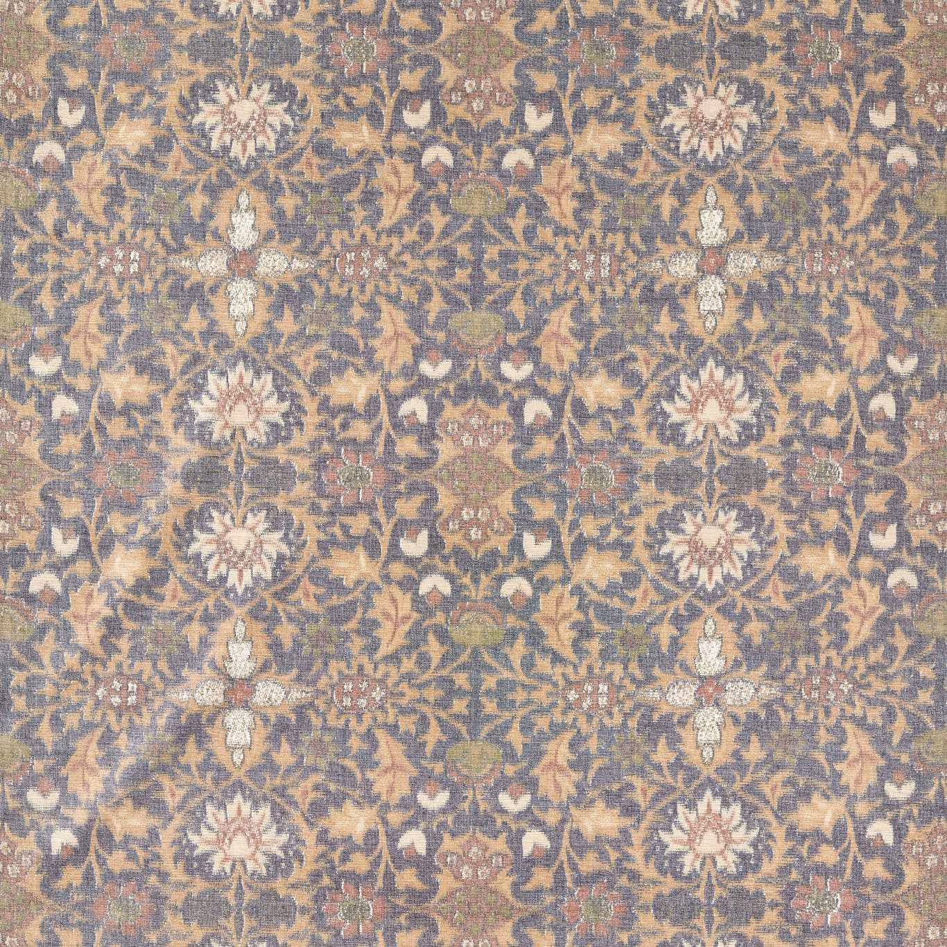 Muted indigo botanical print with ochre vines, cream flowers and softly textured ground