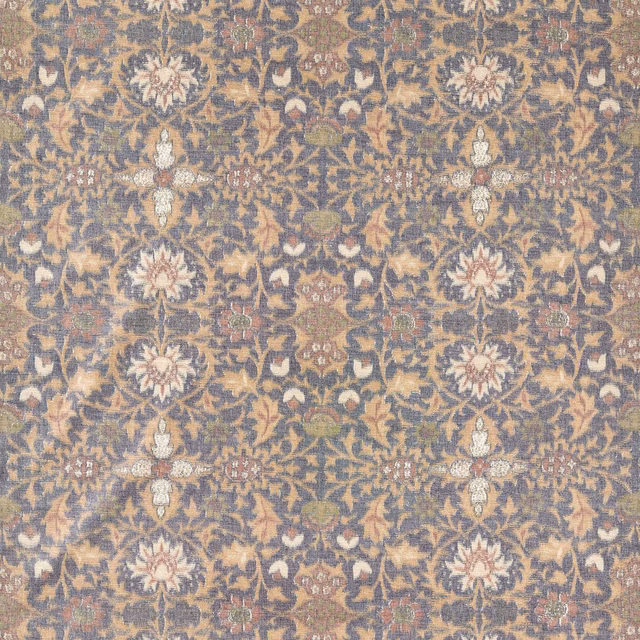 Muted indigo botanical print with ochre vines, cream flowers and softly textured ground