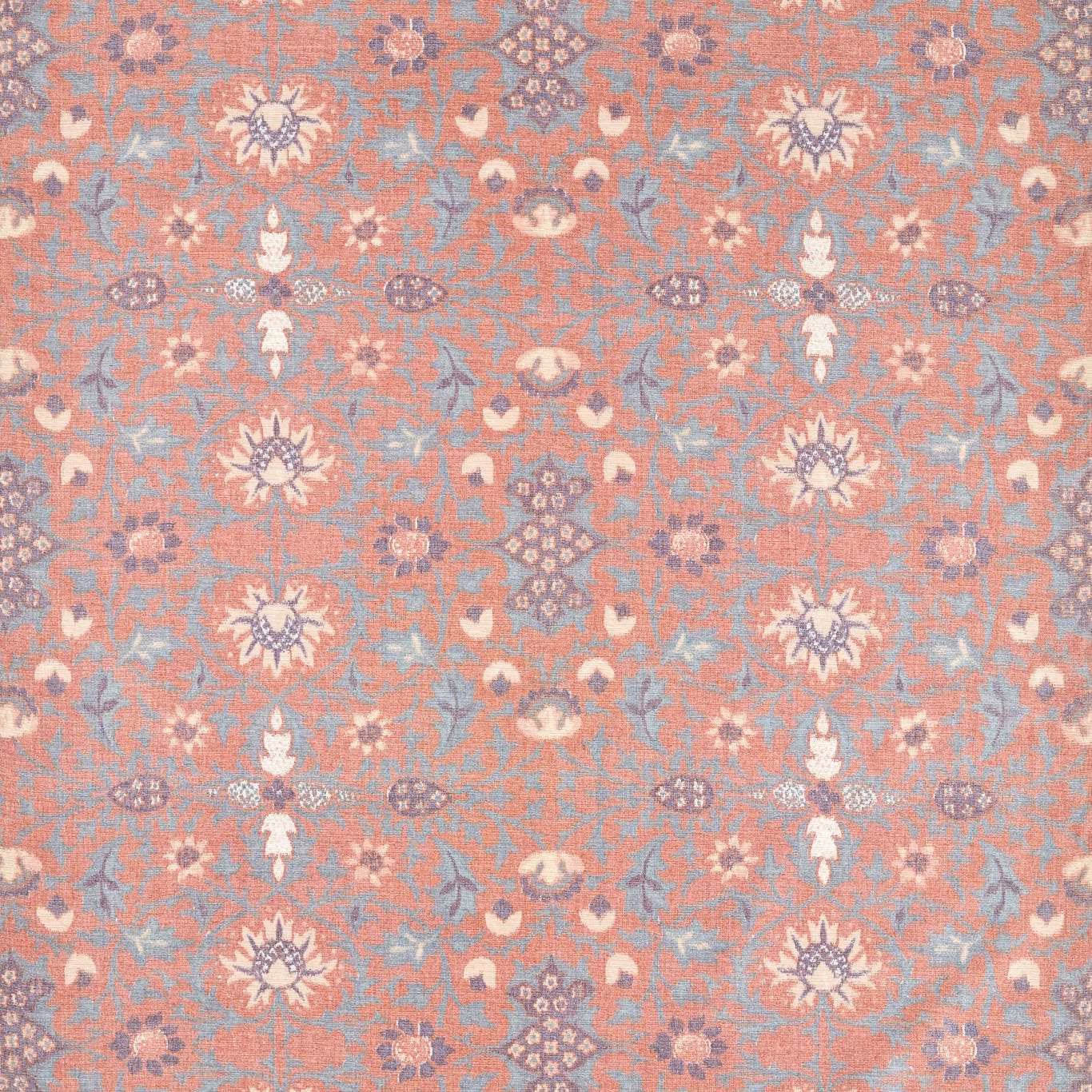Madder coral floral fabric with blue-grey foliage, cream flowers and plum motifs