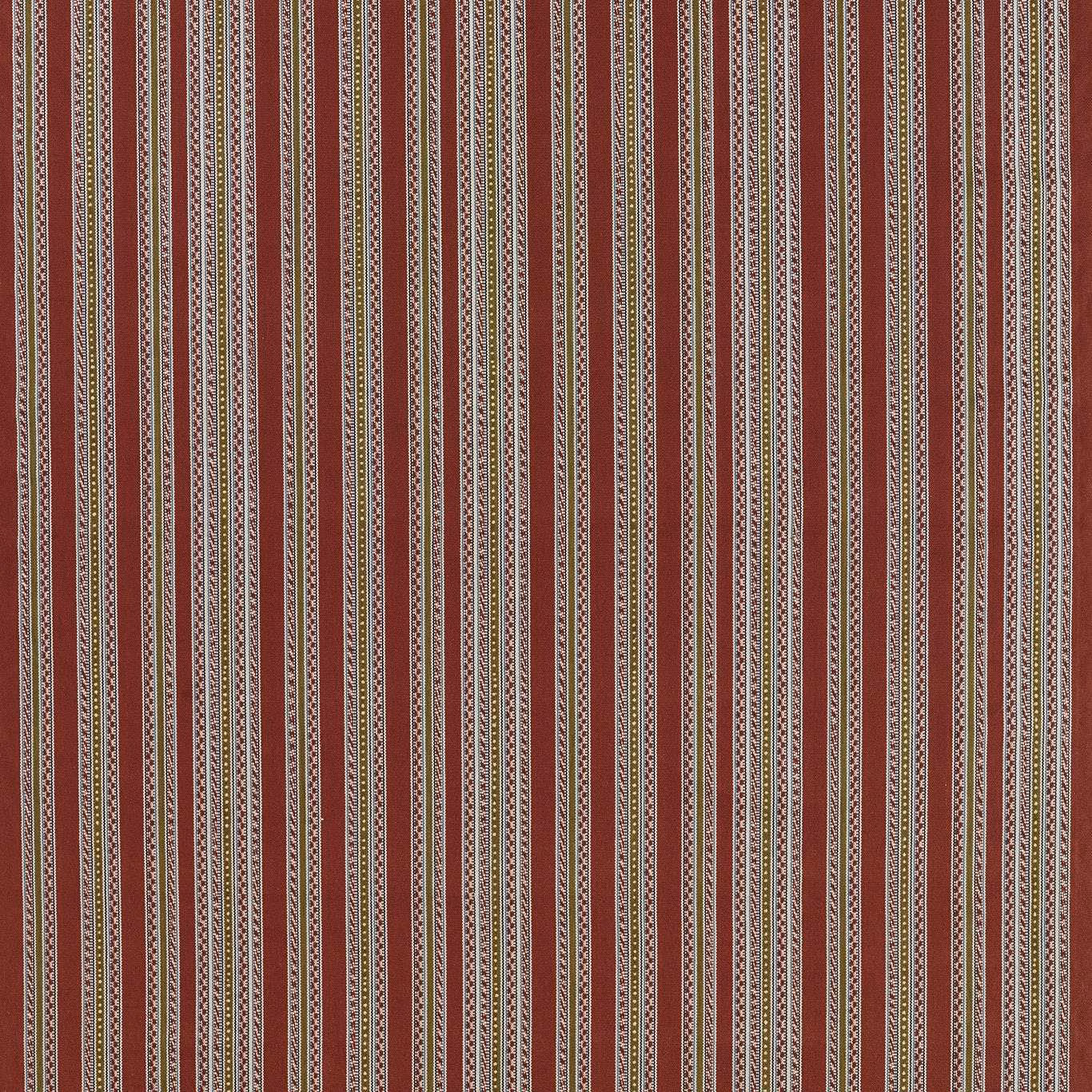 Deep wine red striped fabric with fine cream, taupe and charcoal vertical detailing