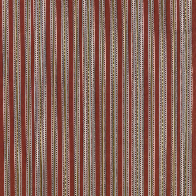 Deep wine red striped fabric with fine cream, taupe and charcoal vertical detailing