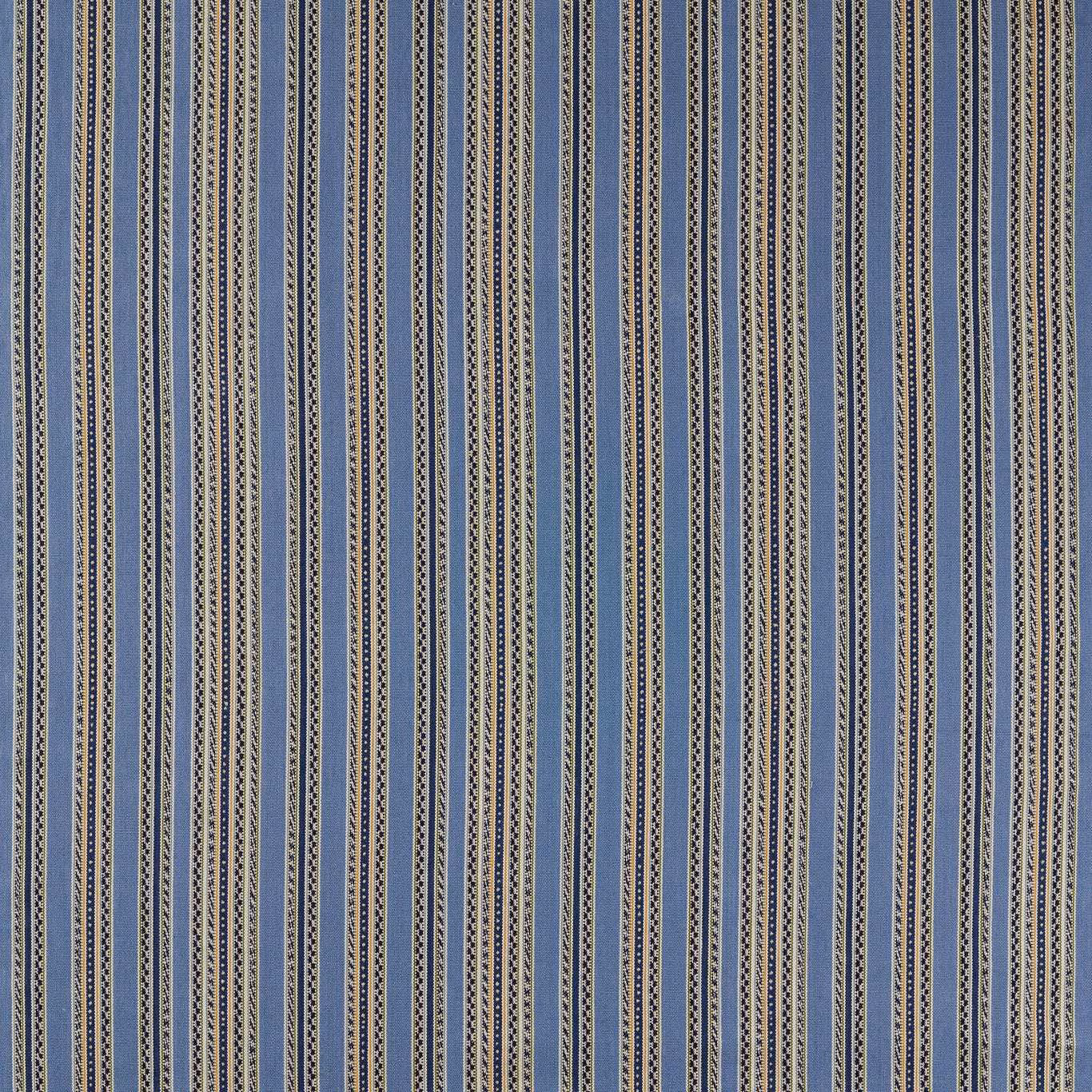 Cool woad-blue woven stripe with fine tan lines and dark dotted accents