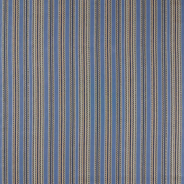 Cool woad-blue woven stripe with fine tan lines and dark dotted accents