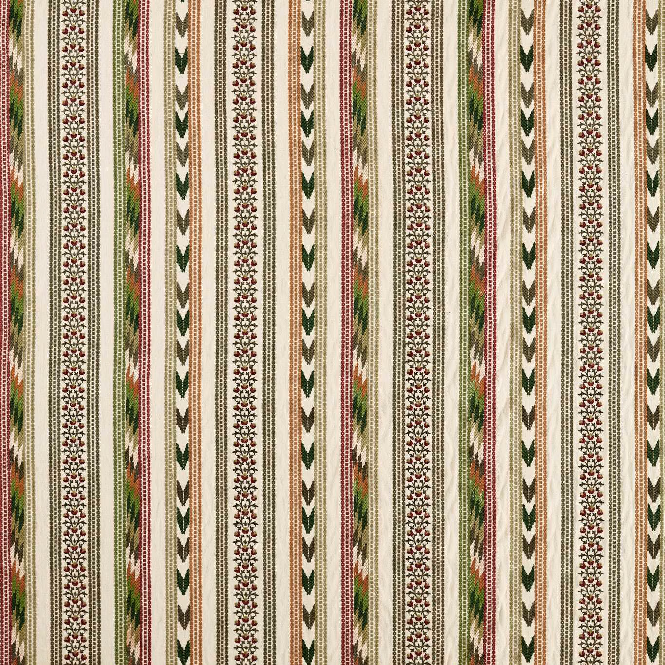 Forest green and madder botanical stripes on a warm cream woven ground