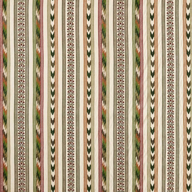 Forest green and madder botanical stripes on a warm cream woven ground