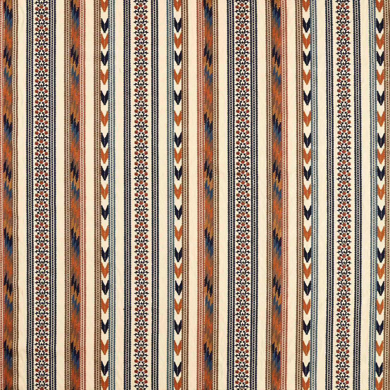 Cream striped textile with russet and indigo floral bands, visibly textured weave
