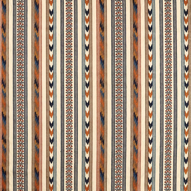 Cream striped textile with russet and indigo floral bands, visibly textured weave