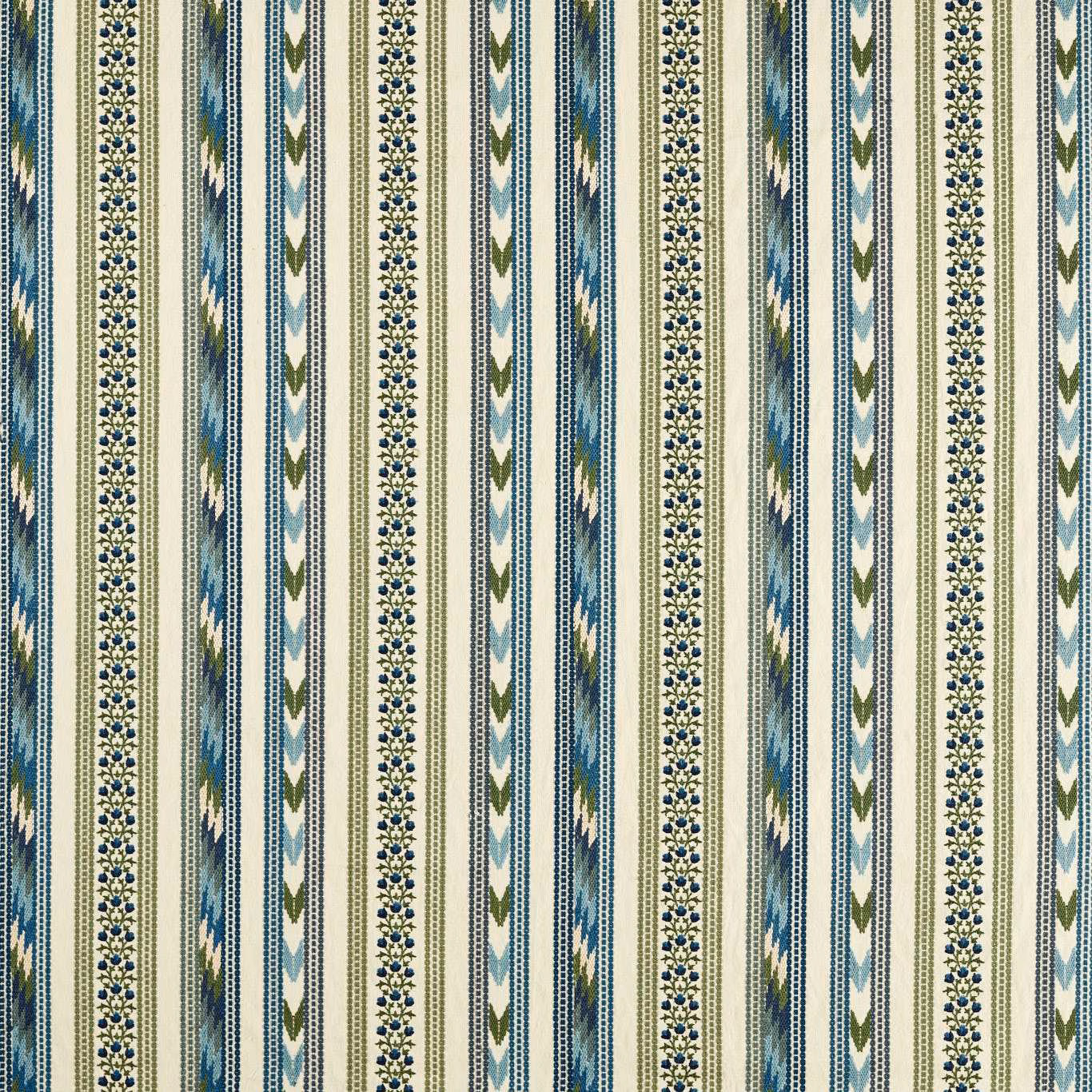 Woad blue and thyme green striped weave with cream floral and chevron bands
