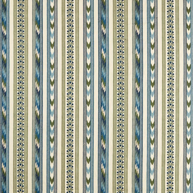 Woad blue and thyme green striped weave with cream floral and chevron bands