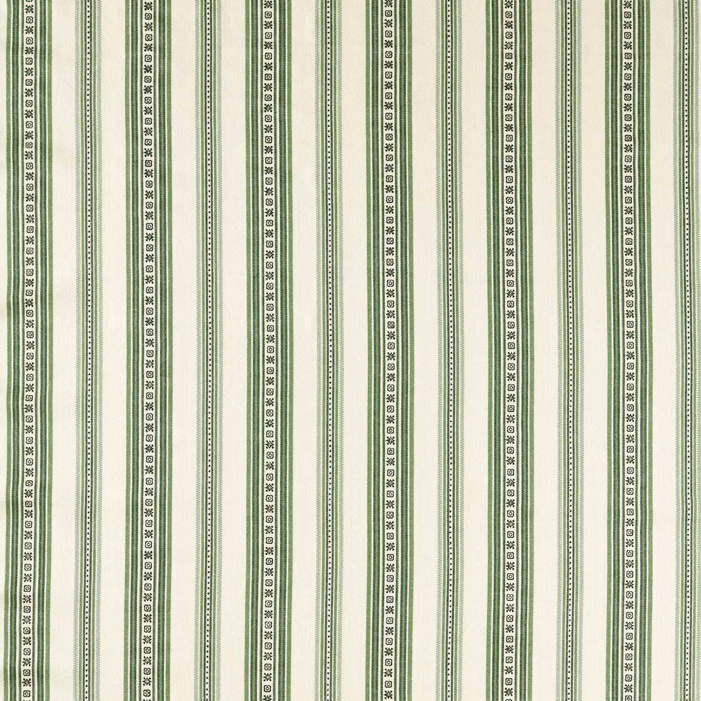 Muted sage and ivory vertical stripes with fine floral-geometric bands on woven fabric