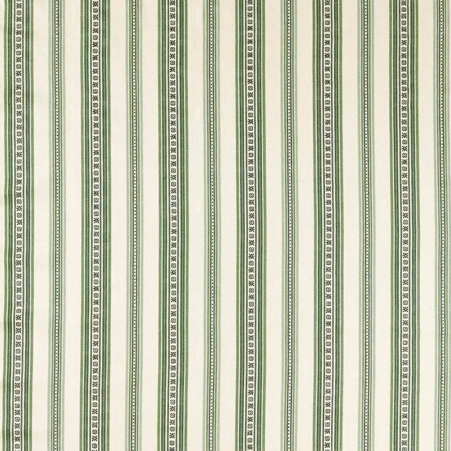 Muted sage and ivory vertical stripes with fine floral-geometric bands on woven fabric