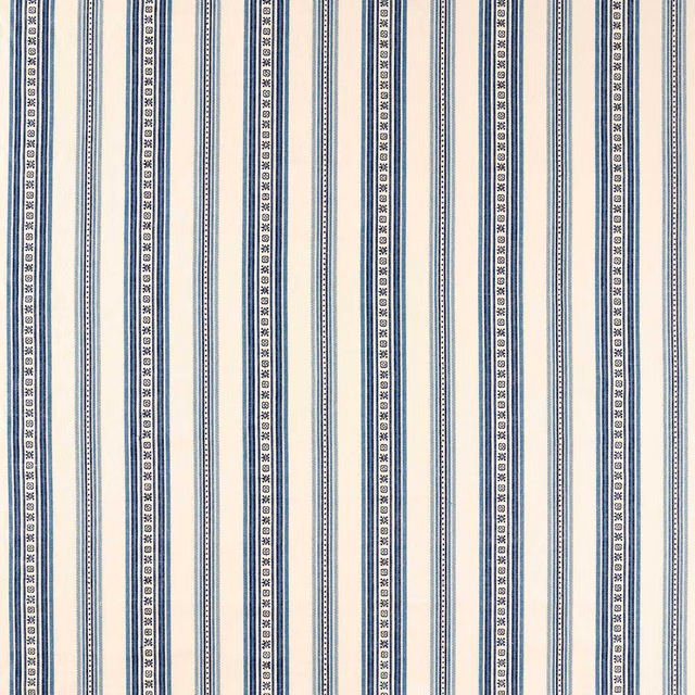 Cool indigo and ivory vertical stripe with tiny geometric border motifs