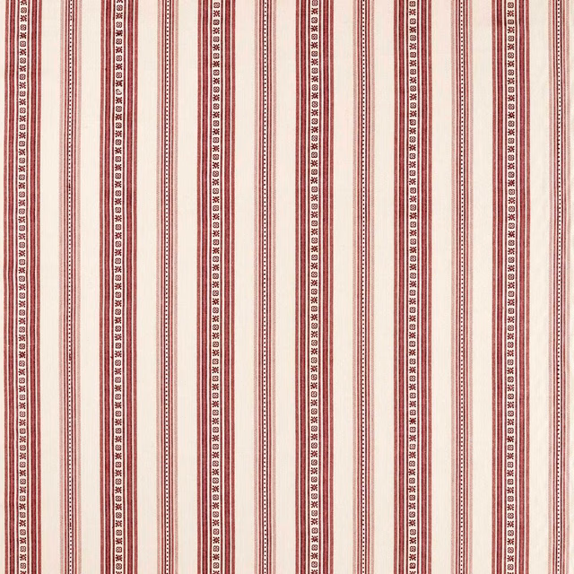Cream textile with narrow mulberry stripes and repeating geometric vertical bands