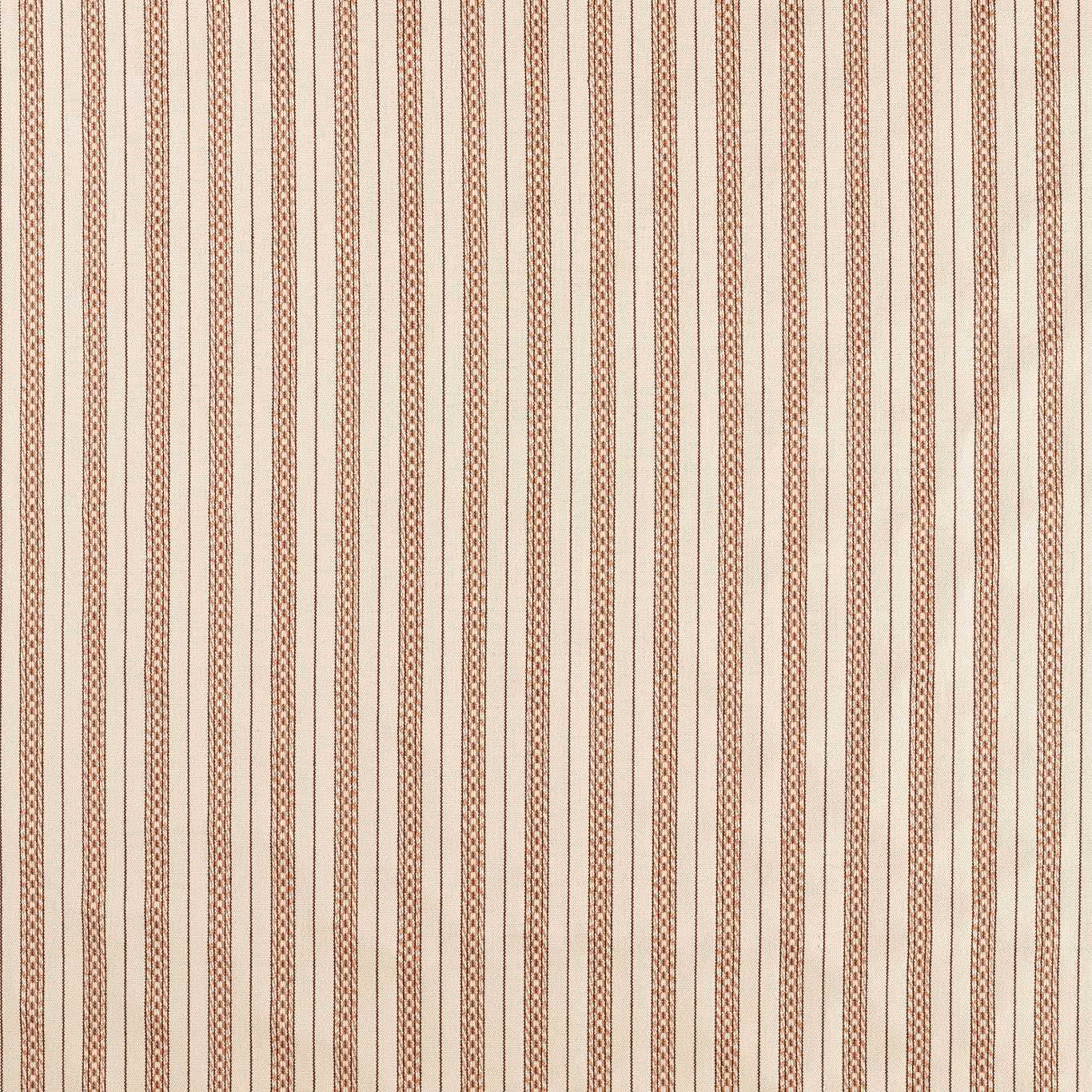Linen-coloured woven fabric with narrow apricot vertical stripes and patterned bands