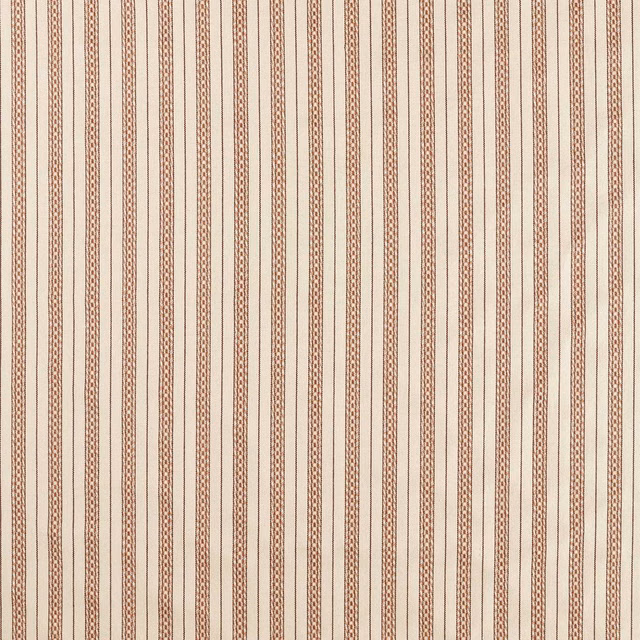 Linen-coloured woven fabric with narrow apricot vertical stripes and patterned bands