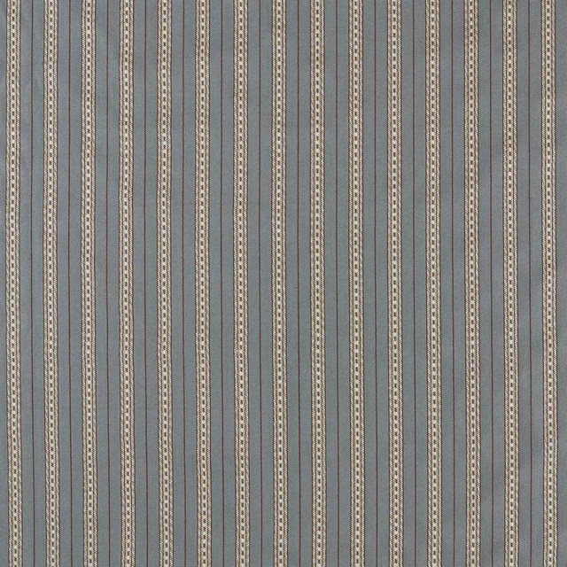 Muted blue-grey striped textile with cream, stone and olive woven detailing