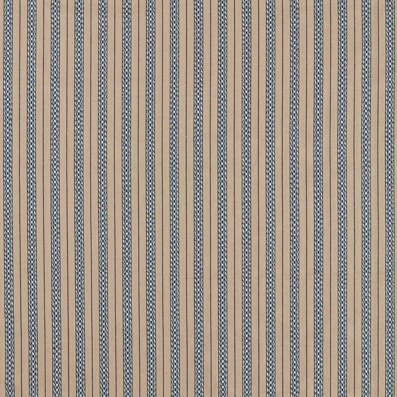 Close-up of cool indigo patterned stripes on a textured flax-coloured woven fabric