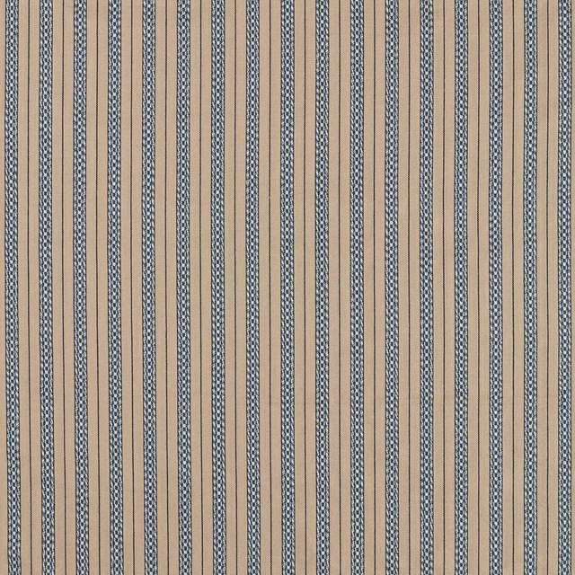 Close-up of cool indigo patterned stripes on a textured flax-coloured woven fabric