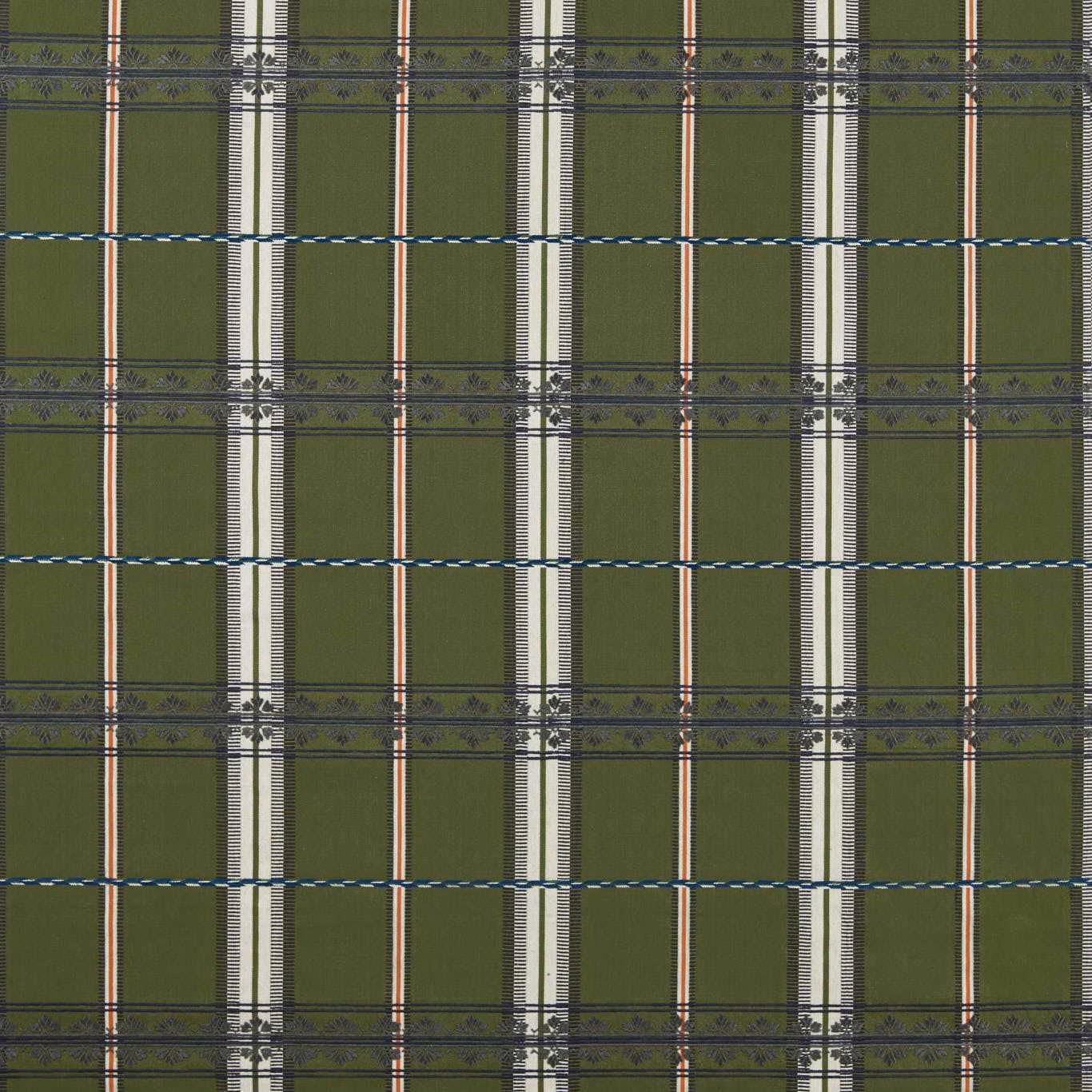 Forest-green checked fabric with cream stripes, coral lines and dark floral bands