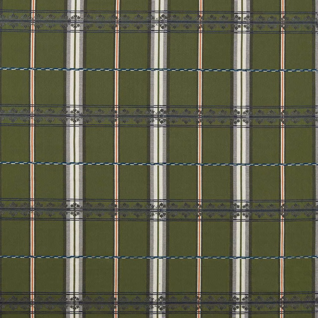 Forest-green checked fabric with cream stripes, coral lines and dark floral bands