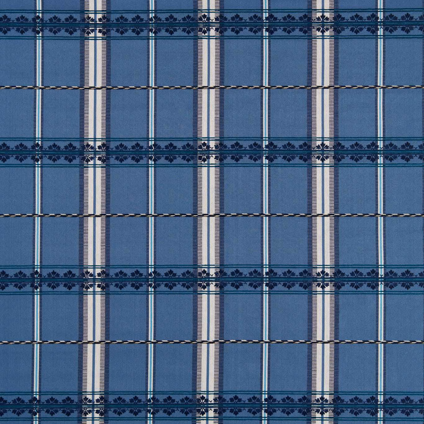 Indigo-blue checked weave with cream stripes and navy floral bands