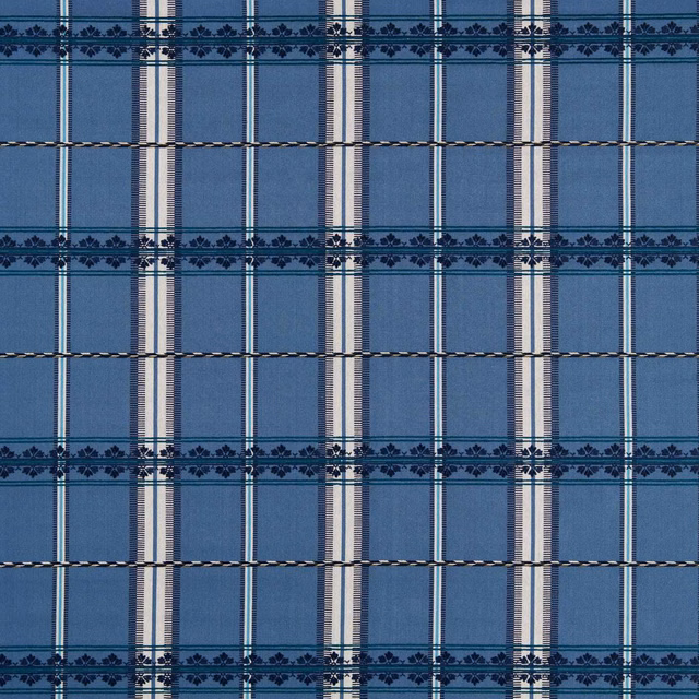 Indigo-blue checked weave with cream stripes and navy floral bands