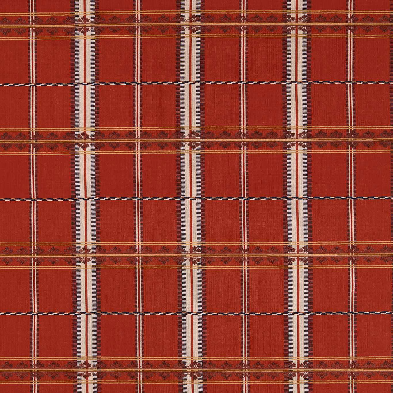 Deep madder-red checked fabric with cream stripes, charcoal lines and ochre floral bands