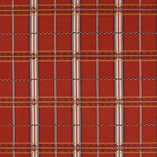 Deep madder-red checked fabric with cream stripes, charcoal lines and ochre floral bands