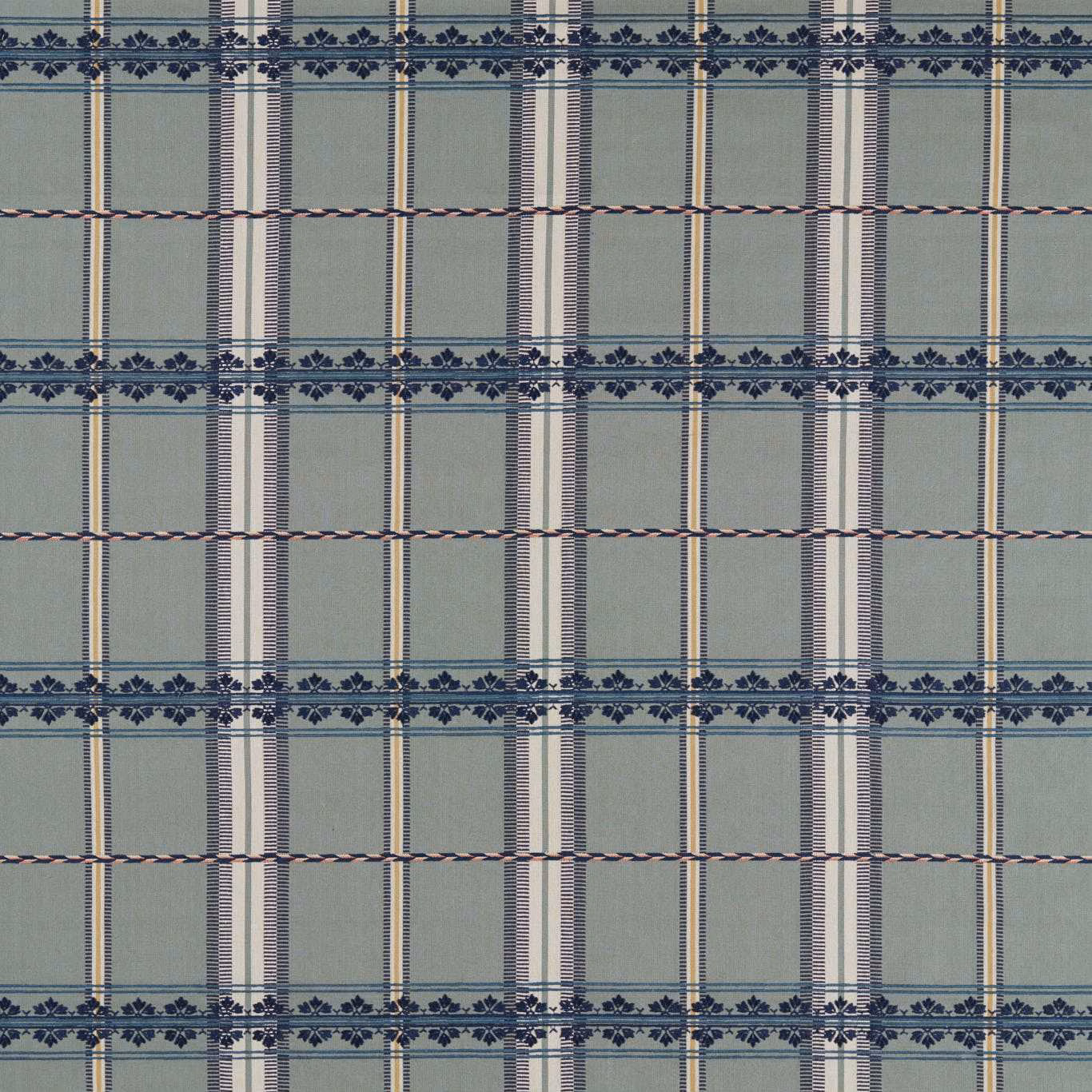 Muted teal checked fabric with indigo floral bands and fine cream vertical stripes