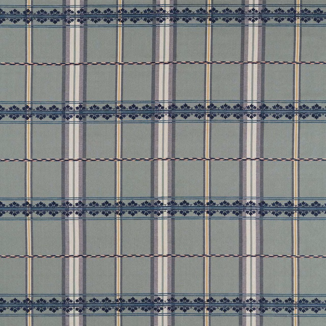 Muted teal checked fabric with indigo floral bands and fine cream vertical stripes
