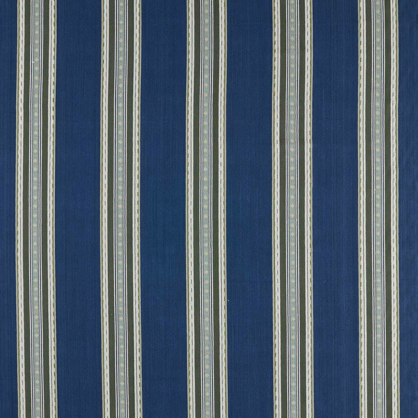 Deep indigo woven ground with forest and ivory vertical stripe details