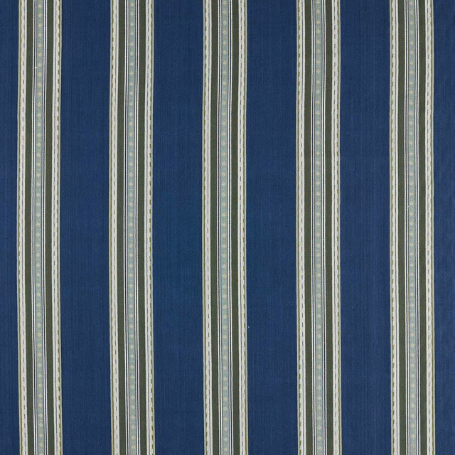 Deep indigo woven ground with forest and ivory vertical stripe details