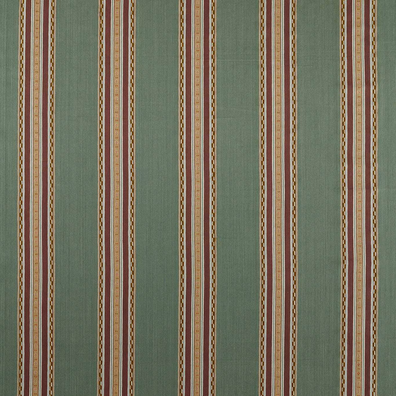 Muted teal woven fabric with narrow mulberry, cream and ochre vertical stripes