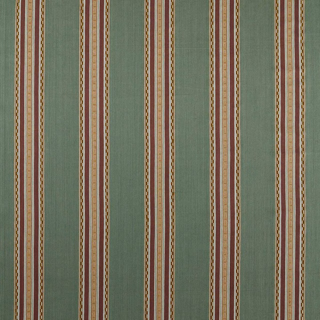 Muted teal woven fabric with narrow mulberry, cream and ochre vertical stripes